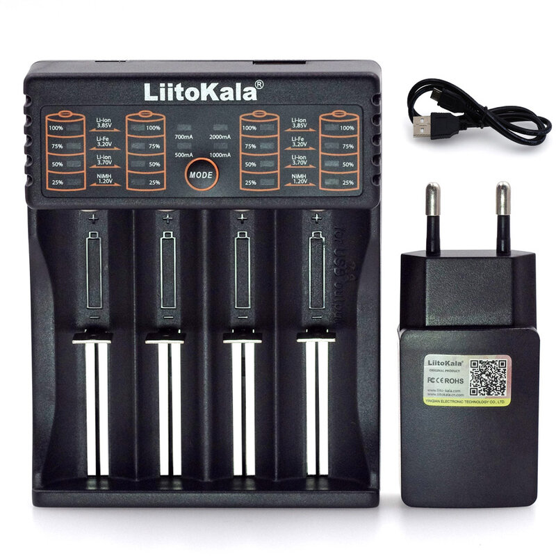 Liitokala-Cargador de batería inteligente, paquete completo de cargador con potencia de 1.2V 3.7V 3.2V AA/AAA con cable USB y enchufe de carga de 5V 2A tipo europeo, modelo Lii402 ii202 Lii100 LiiS1 18650