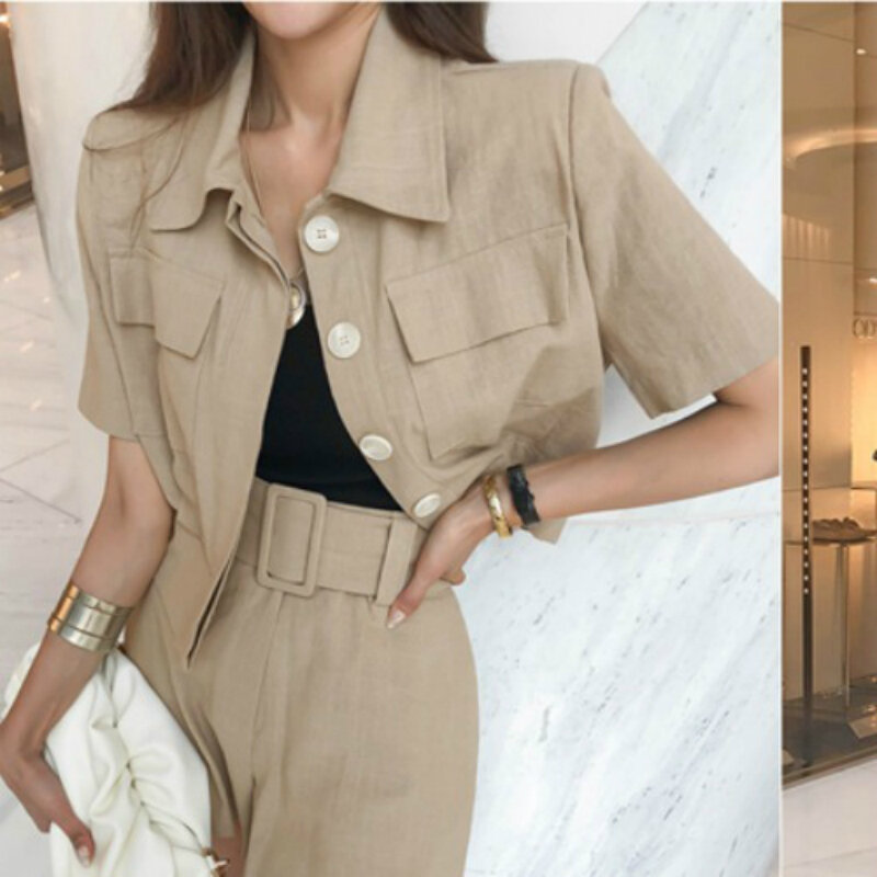 Sheer Womens Casual Two Piece Set New Arrival 2020 Singer Breasted Shirts with Pocket and Shorts Ladies OL Office Work Suit Set