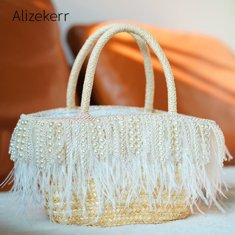 Женская пляжная соломенная сумка с перьями страуса, белая сумка-тоут ручной работы с жемчугом и бахромой, праздничная сумка в богемном стиле, лето 2021