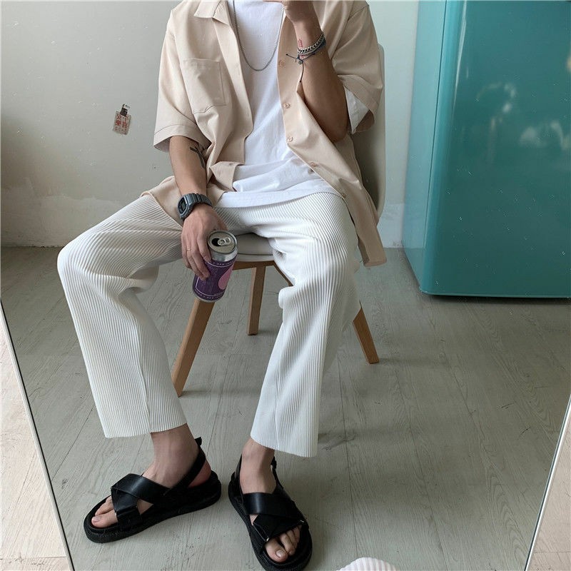 Calça casual de grandes dimensões para homens, streetwear japonês, seda solta gelo, calças plissadas retas, calças de perna larga, S-2XL