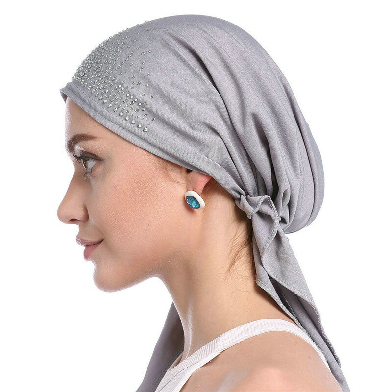 2020 Fashion Muslim Headscarf Hat Thin Summer Inner Hijab Caps Solid Color Diamond Turban for women Bonnet India Headwrap Hats