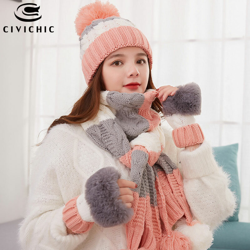 CIVICHIC สไตล์เกาหลีสีฤดูหนาวถักถุงมือผ้าพันคอหมวก3ชิ้นชุด Elegant Crochet Thicken Headwear Twist ผ้าคลุมไหล่ SH124