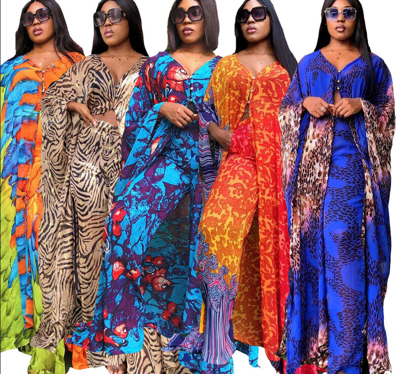 Pakaian Afrika untuk Wanita Set Celana Dua Potong Gaun Maxi Setelan Gaun Pesta 2021 Pakaian Sifon Motif Macan Tutul Dashiki Musim Panas