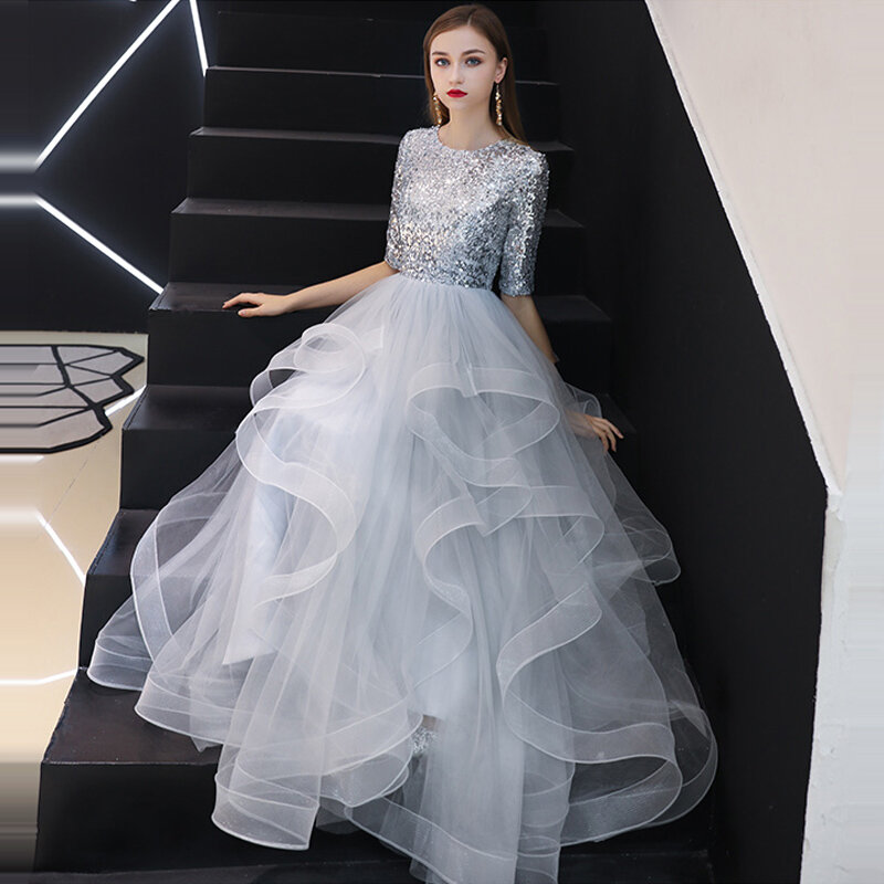 It's YiiYa Evening Dress 2019 Real Sequins Half Sleeve Tiered Hems Floor-length Fromal Gray Party Dresses LX1398 robe de soiree