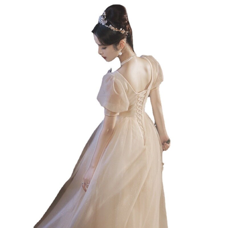 Платье подружки невесты во французском стиле с круглым вырезом и коротким рукавом-фонариком, платье-трапеция до пола со шнуровкой, вечерние платья