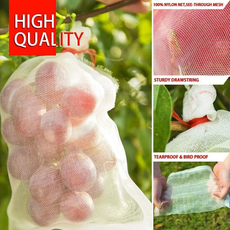 Защитные мешки для фруктов разных размеров, сетчатые садовые мешки для борьбы с вредителями, с птицами, клубничками, Зеленые растительные мешки на шнурке