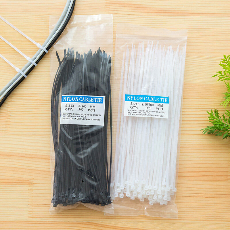 New 100PCS/bag  2.5X100mm 150mm 200mm Nylon Plastic Zip Trim Wrap Cable Loop Ties Wire Self-Locking Black and White