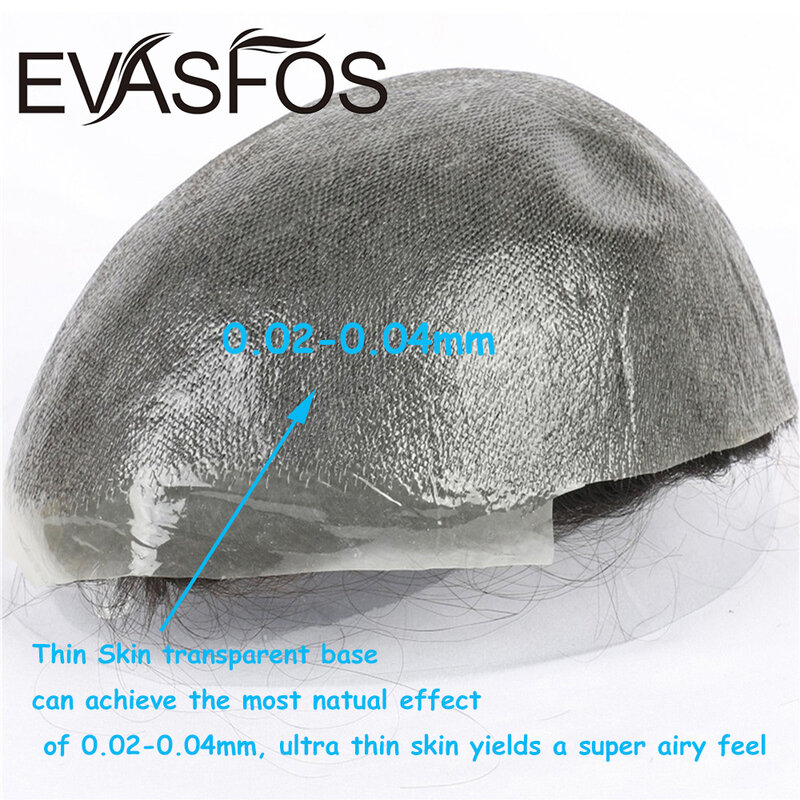 EVASFOS 0.02-0.04Mm Super Thin Skin Toupee ธรรมชาติยุโรปเส้นผมมนุษย์ Wig Pria Prosthesis ผมระบบสำหรับชาย