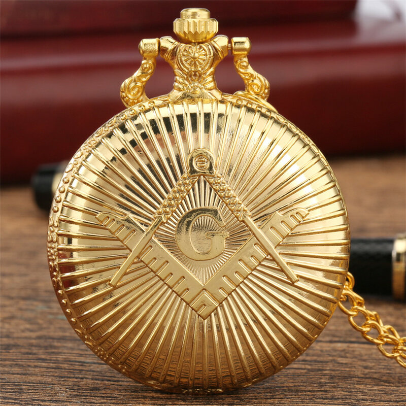 Złoty masoneria Logo motyw pamiątkowy zegarek kieszonkowy kwarcowy cyfry arabskie wyświetlacz okrągła tarcza z naszyjnikiem/łańcuszek kieszonkowy