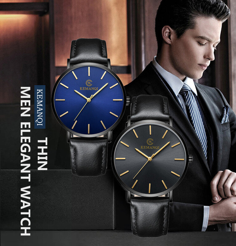Relojes sencillos para hombre, pulsera de cuarzo ultrafina con banda de cuero, regalos, 2020