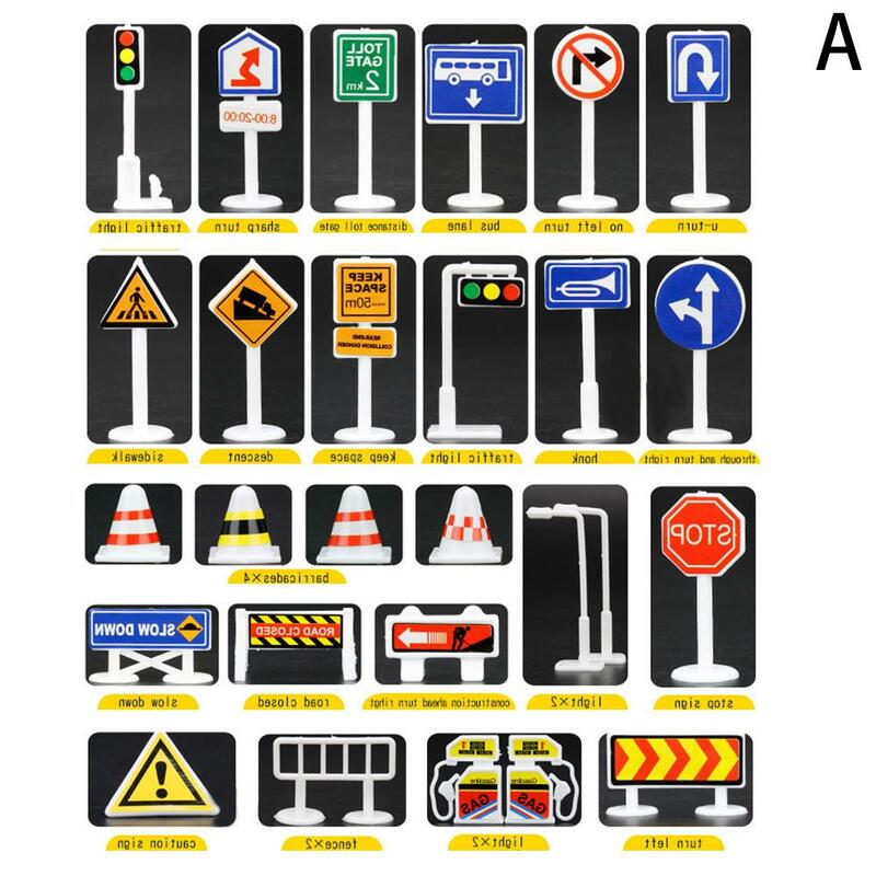 Novo 28 pçs inglês sinal de trânsito sinal sinalização diy modelo cena crianças jogar aprender brinquedos jogo carro brinquedo acessórios para crianças