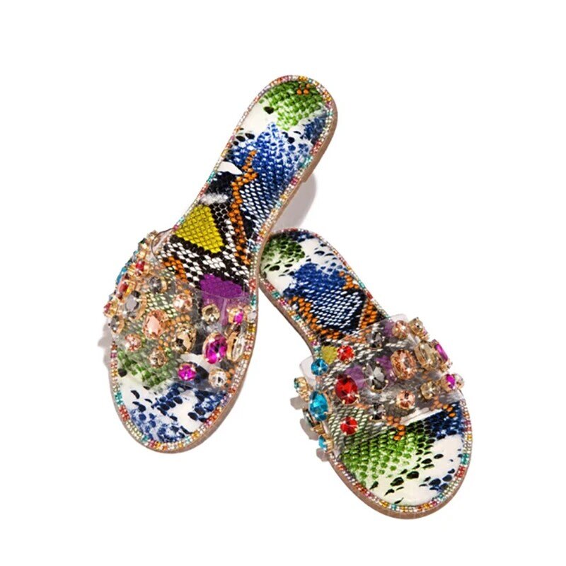 Zapatillas planas hechas a mano cómodas de verano para mujer, zapatillas de moda con diamantes de imitación romanos salvajes de talla grande, zapatillas para exteriores 35-43