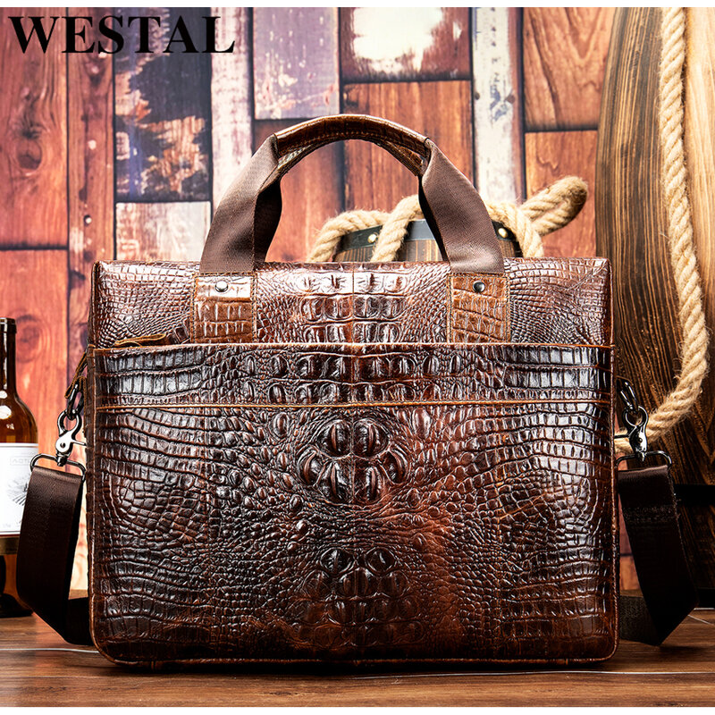 WESTAL-Porte-documents en cuir véritable pour homme, sac cartable de bureau, motif crocodile, fourre-tout portable pour sacs de couleur, 5555