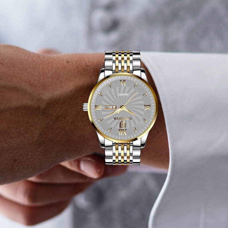 Qingxiya Top Merk Luxe Mode Grijze Wijzerplaat Horloge Mannen Waterdichte Lichtgevende Week Datum Klok Sport Horloges Heren Quartz Horloge