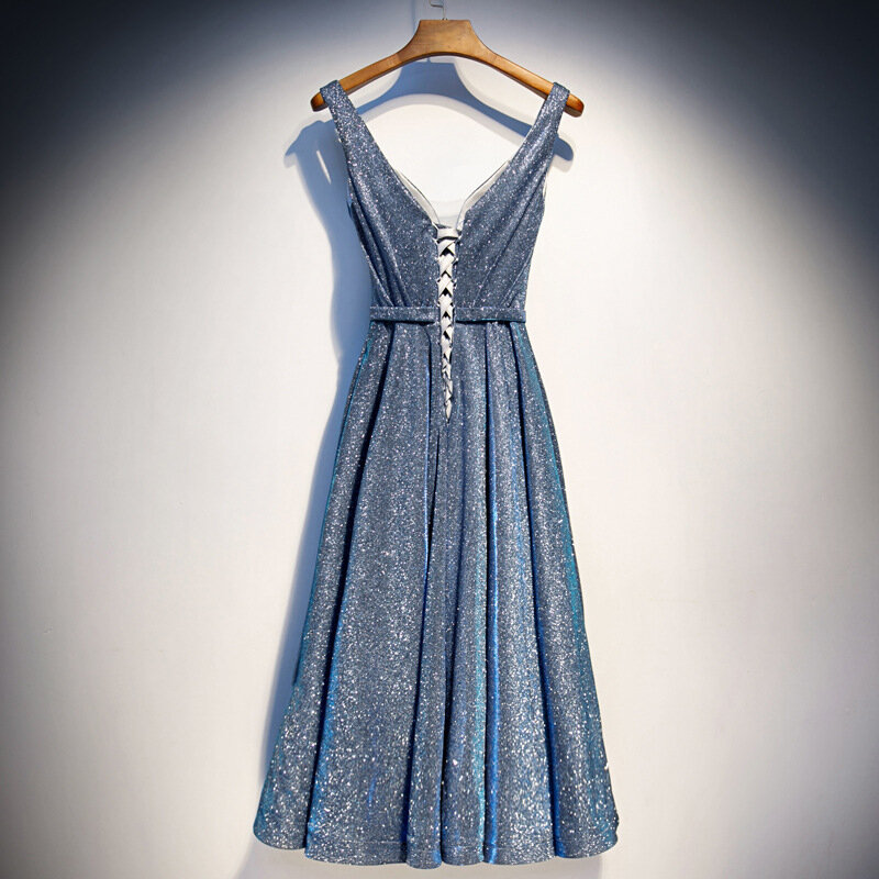 Женское вечернее платье с V-образным вырезом, серебристо-синее длинное платье с блестками, без рукавов, с поясом, одежда для выпусквечерние вечера, 2022