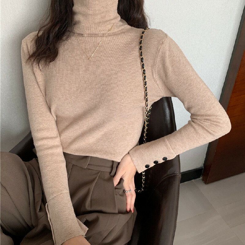 캐주얼 슬림 니트 여성 스웨터, 한국 하라주쿠 터틀넥, 긴 소매 솔리드 버튼 풀오버 스웨터 탑, 겨울 레이디 패션