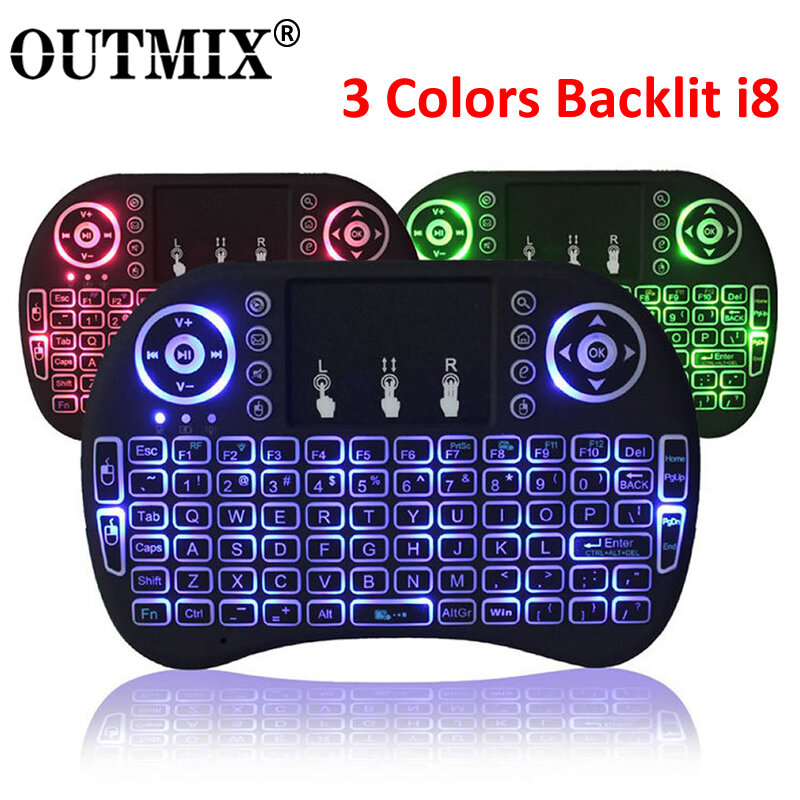 3 Colors Backlit i8 Mini Wireless Keyboard 2.4ghz English Russian 3 Colour Air Mouse with Touchpad Remote Control Android TV Box