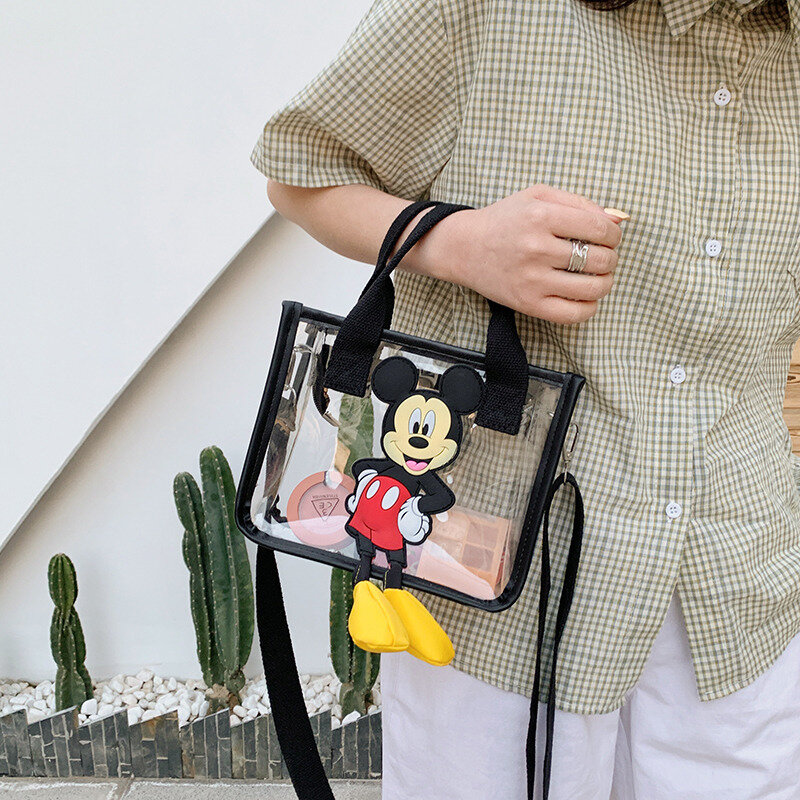 디즈니 여성 가방 미키 마우스 만화 투명한 어깨 가방 한국어 레저 메신저 가방 소녀 패션 핸드백 고품질