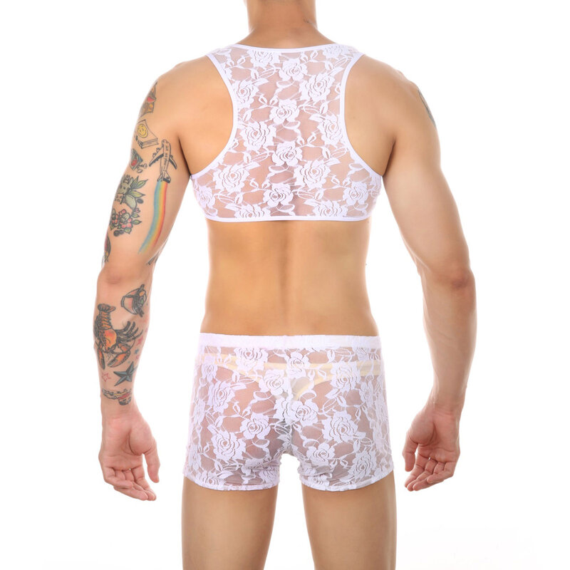 CLEVER-MENMODE Man Shoulder Crop Top Lace Vest Men Sexy Chest Harness Boxers Set Transparent Tops Shorts Lingerie Costume Erotic