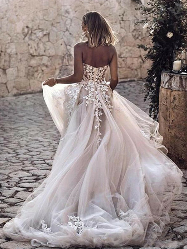 Sexy Schatz Hochzeits kleid Applikation rücken frei langen Hof Zug ärmellose elegante Brautkleid für Frauen vestido de noiva 2024
