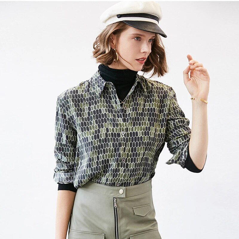 Женская блузка из 100% шелка с принтом в виде сот, рубашка с отложным воротником и длинными рукавами, повседневный топ из полупрозрачной ткани простого дизайна