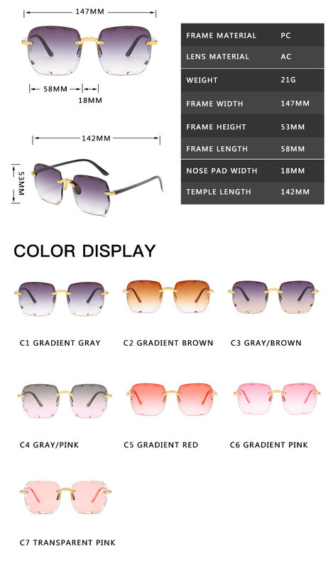 2023 platz Randlose Sonnenbrille Frauen Luxus Marke Designer Sommer Rote Brille Mode sonnenbrille Für Männer UV400 Shades Oculos