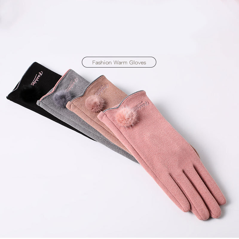Женские зимние утепленные замшевые нескользящие перчатки для сенсорных экранов, для езды на велосипеде и вождения, утолщенные бархатные эластичные перчатки с помпоном