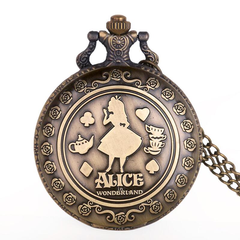 Nova criatividade retro alice tema bolso relógios de bronze do vintage quartzo bolso relógios colar corrente relógios das mulheres dos homens presente