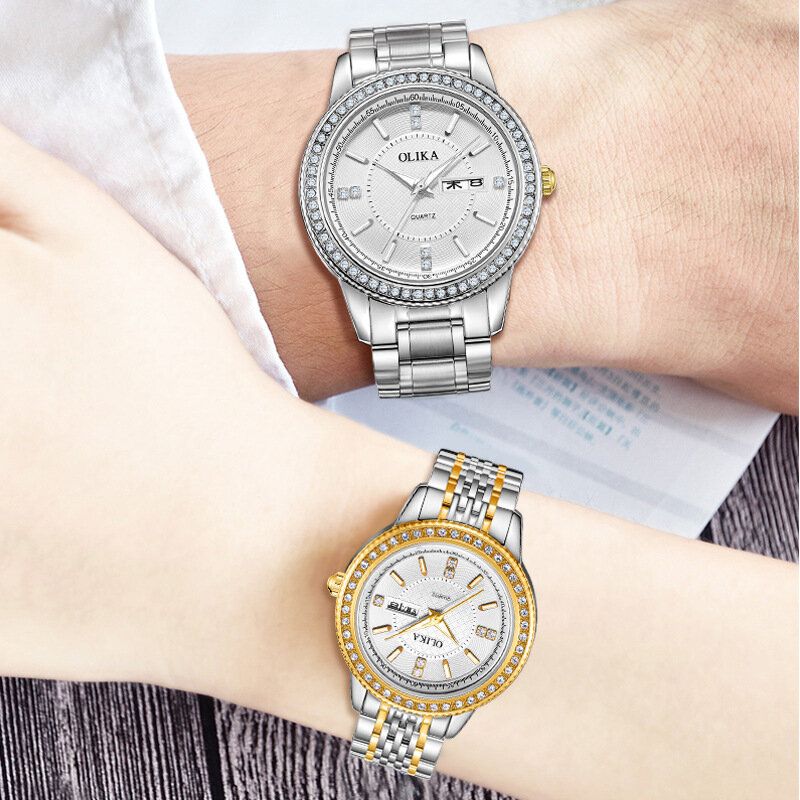 Reloj de cuarzo con tachuelas de diamante para hombre y mujer, cronógrafo de acero inoxidable, resistente al agua, novedad de 2021