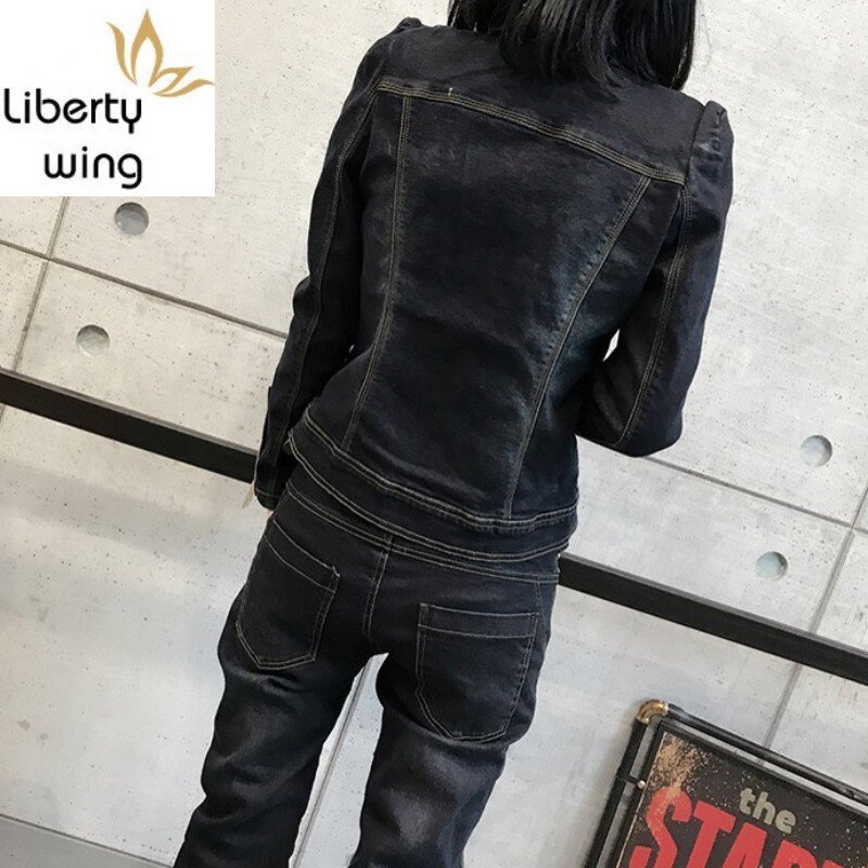 Conjunto de duas peças jeans feminino, jaqueta casual com zíper