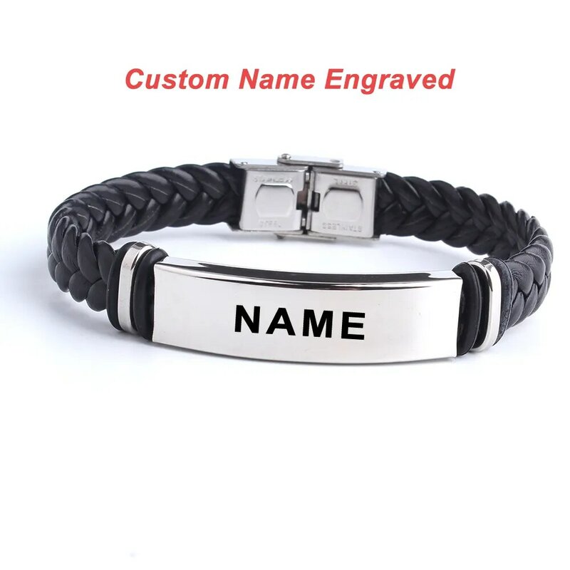 Punk Sos Custom Logo Naam Graveren Tekst Lederen Armband & Armband Aanpassen Rvs Armbanden Voor Vrouwen Mannen Id Armband