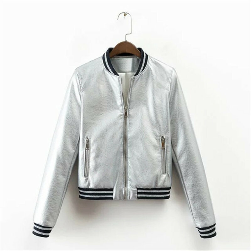 2021 primavera de ouro prata bombardeiro jaqueta feminina básico casacos listrado suporte pescoço jaquetas casuais outerwear feminino