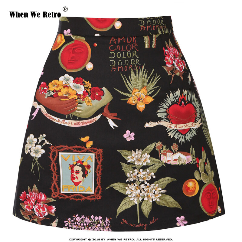 When We Retro Cotton Elegant Sexy Short Skirt SS0008 Black Floral Print A Line Women Ladies Mini Skirt
