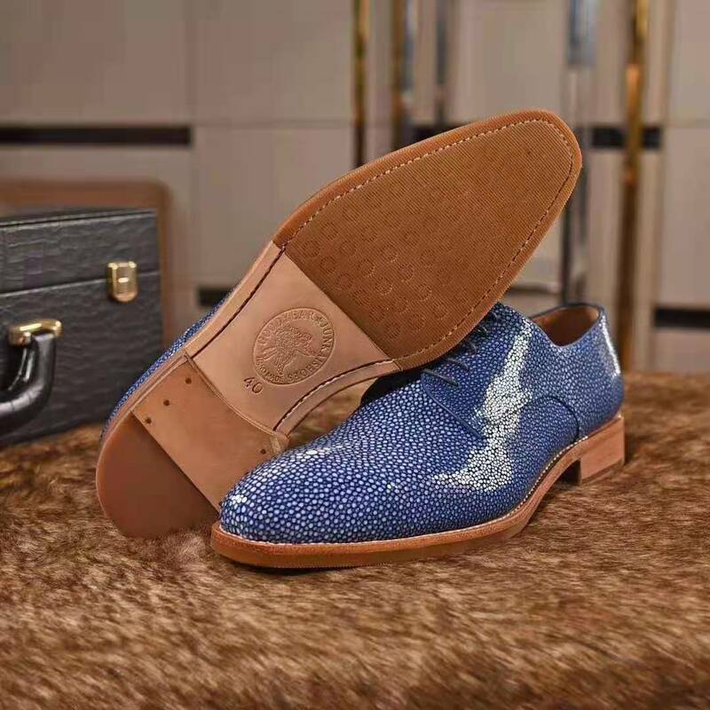 진짜 가오리 생선 가죽 남성 비즈니스 공식 신발, 암소 가죽 신발 밑창 및 안감 갈색 색상, 2021 신상 신발, 최고 품질
