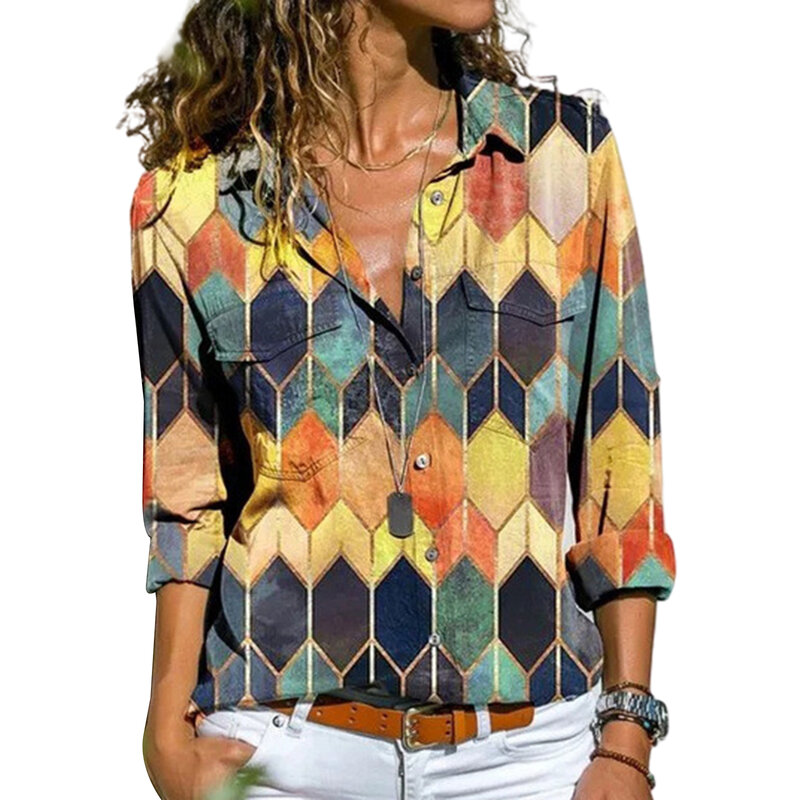 Blusa holgada de manga larga con cuello vuelto para mujer, camisa con botones y estampado hexagonal, elegante, a la moda, 2021