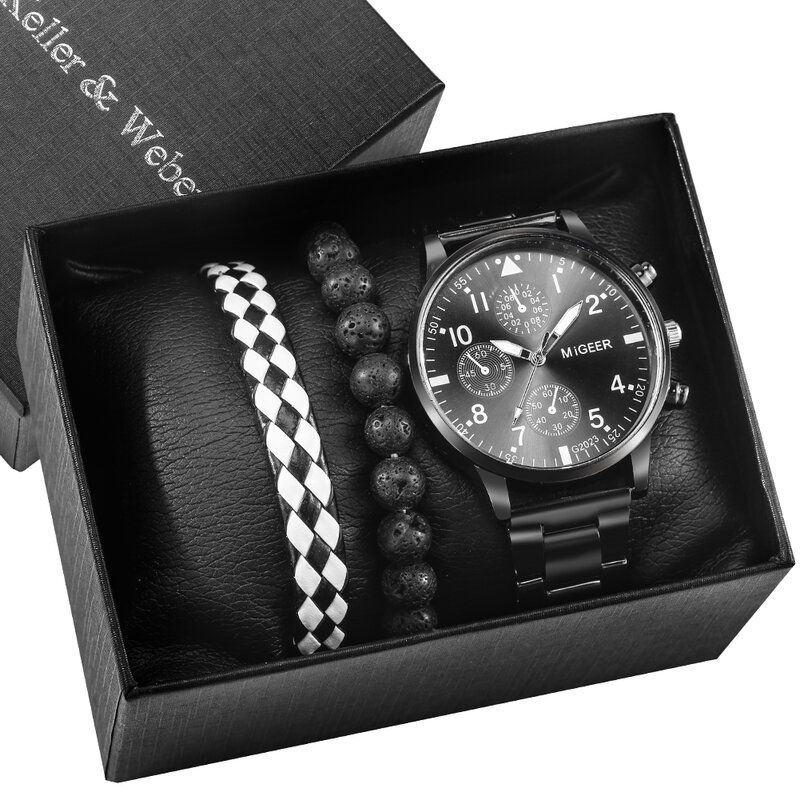 Luxo 3 pçs relógio de pulso conjunto pulseira para homens esporte negócios banda aço quartzo relógios caixa presente pacote relogio masculino