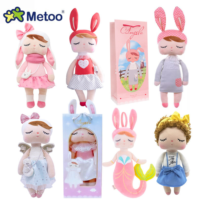 Metoo-Muñeca de peluche de conejo Angela con bolsa de regalo de papel, animales de peluche en caja, juguetes para dormir, muñecas para niños, apaciguar al bebé, cumpleaños y Navidad