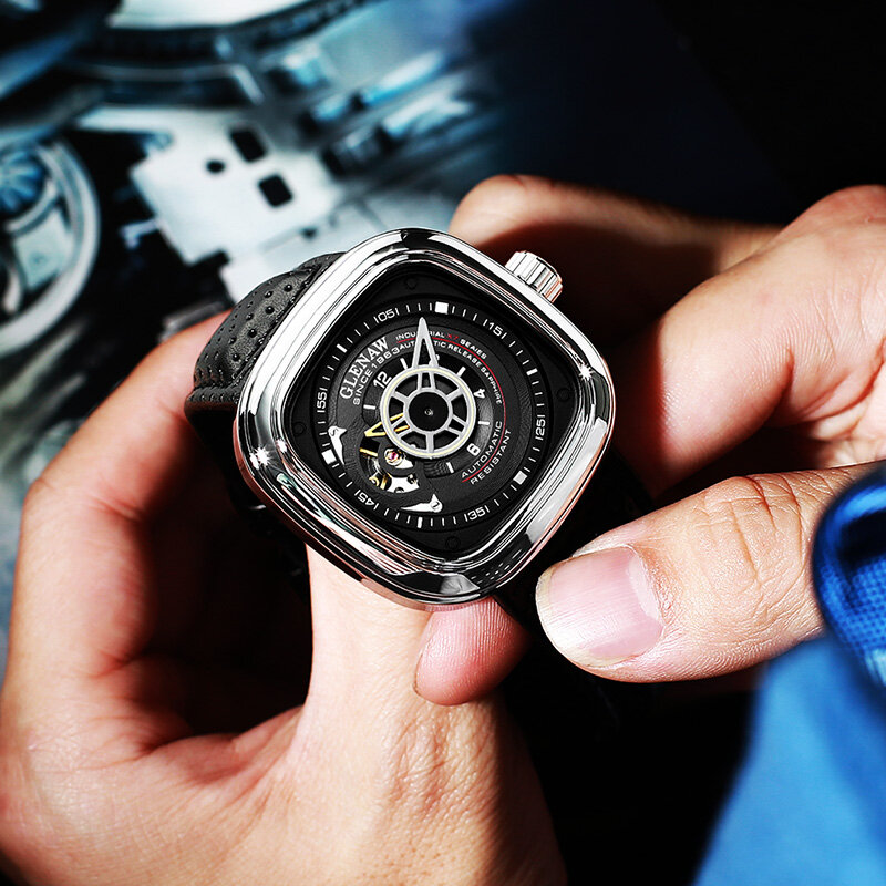 غلانو تصميم ساعة أوتوماتيكية ، العلامة التجارية الرجال جوفاء التلقائي الأسود ساعة ميكانيكية ساعة العلامة التجارية العليا للرجال الساعات مقاوم للماء