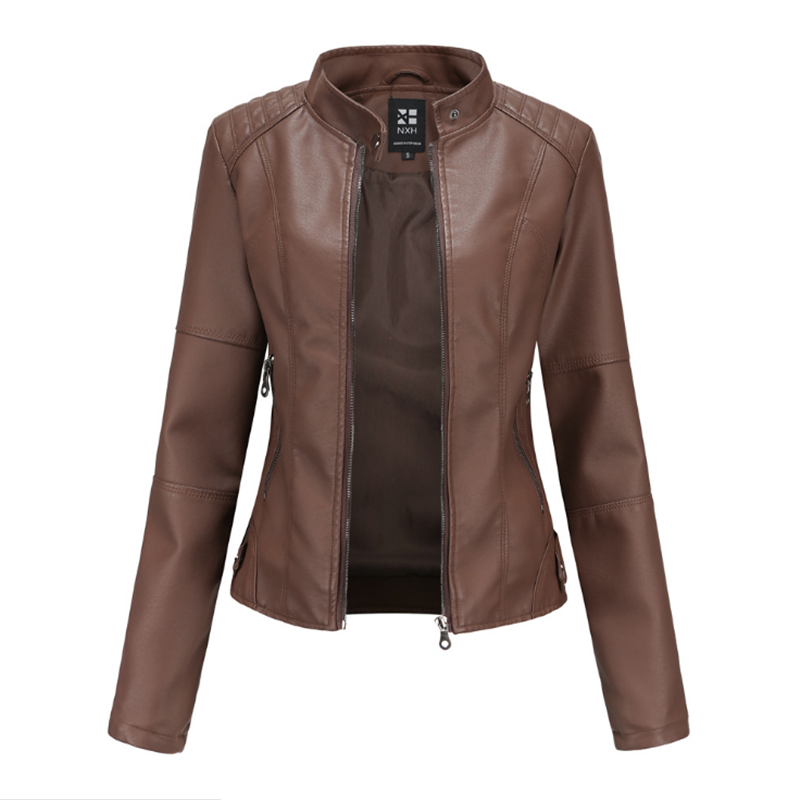 New Spring Women's Leather Slim Fit Jacket Thin PU Jacket Ladies Motorcycle Wear Large Size Stand-up Collar Leather Jacket