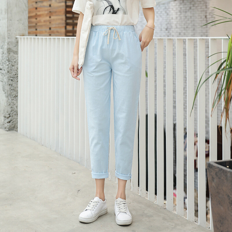 Summer 2019 Cotton Linen Ankle Length Pants Women's Autumn Casual Loose Trousers Harlan Pants High Waist Ladies White Trousers