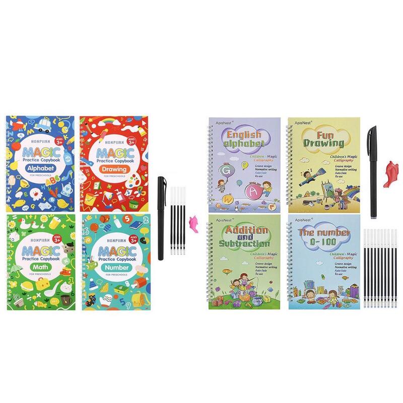 4 Boeken + Pen Set Magic Praktijk Boek Gratis Vegen Kinderen Speelgoed Schrijven Sticker Engels Schrift Voor Kalligrafie Montessori speelgoed