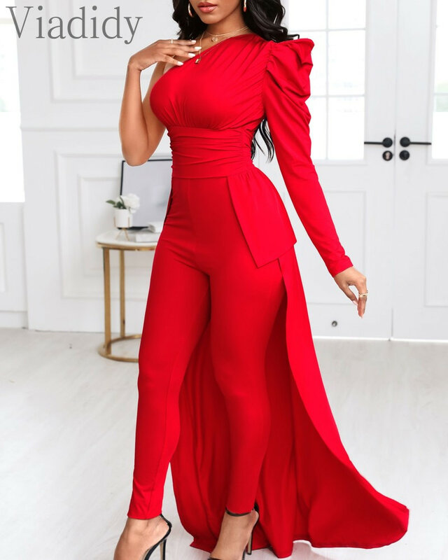 Women Elegant Single Shoulder Long Sleeve Jumpsuits OL Red Puff Sleeve High Waist Rompers