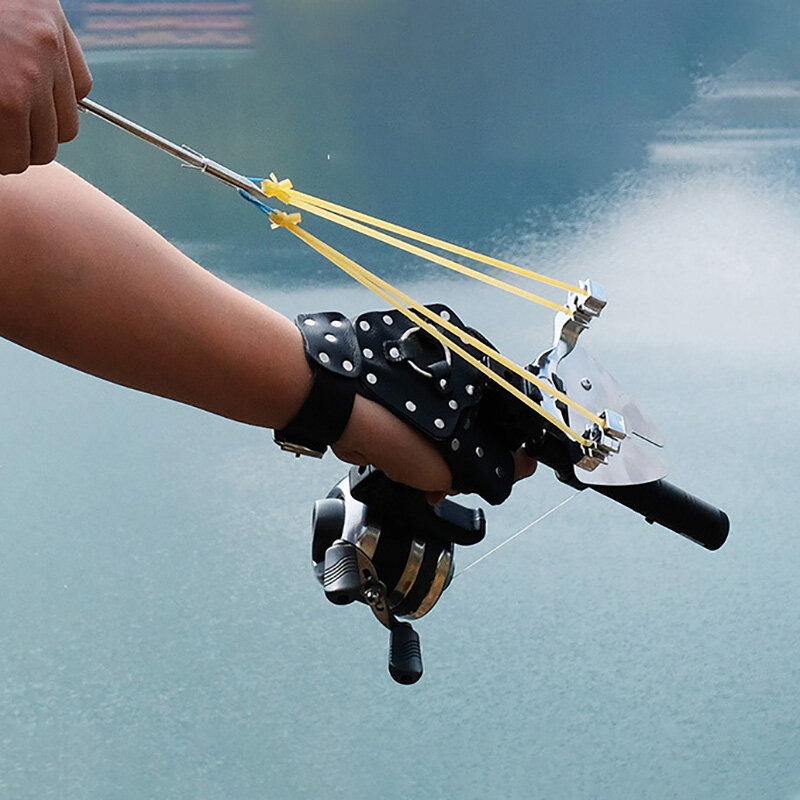 Conjunto de estilingue de pesca, poderosa ferramenta de catapulta de pesca para caça ao ar livre, conjunto profissional de carretel + dardos + protetor de mão