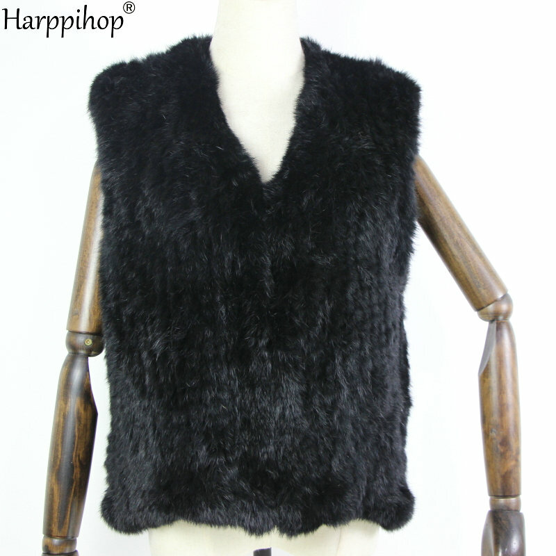 New knitted Rabbit fur vest gilet sleeveless garment waistcoat natural brown /grey/black