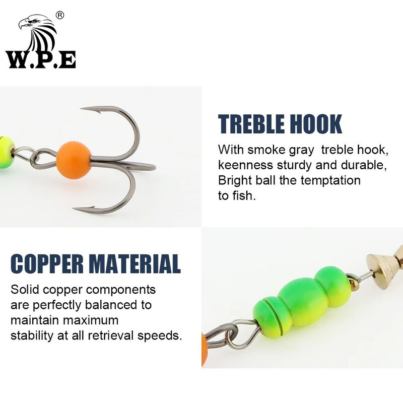 W.P.E 1pcs Spinner Lure 3#/4#/5# Spoon Fishing Lure 6.8g/9.5g/13.4g Brass Copper Metal Treble Hook Bass Lure Fish Tackle Pesca