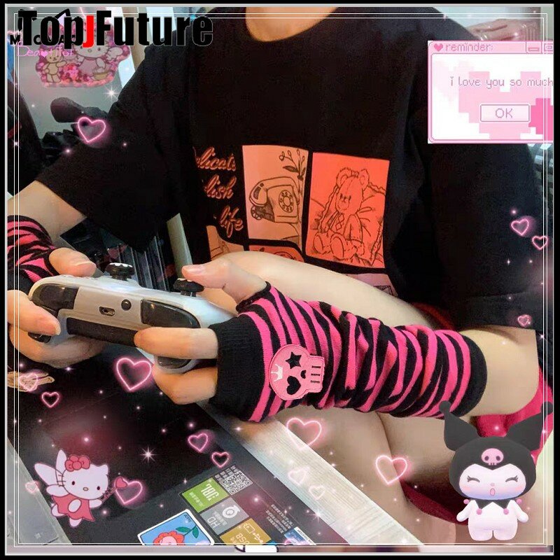 Gothic Lolita ถุงมือแขน Harajuku แขนอุ่นลาย Fingerless Punk สายรัดข้อมือยาวน่ารักหวาน Lolita คอสเพลย์ถุงมือ