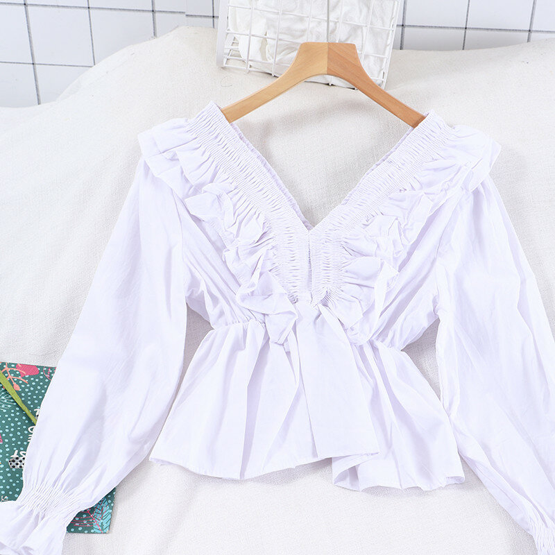 2020 Spring Autumn Women Long Sleeve Blouse Sexy V-Neck Ruffles Shirt Female Solid Backless Blouses Short Tops AB1938
