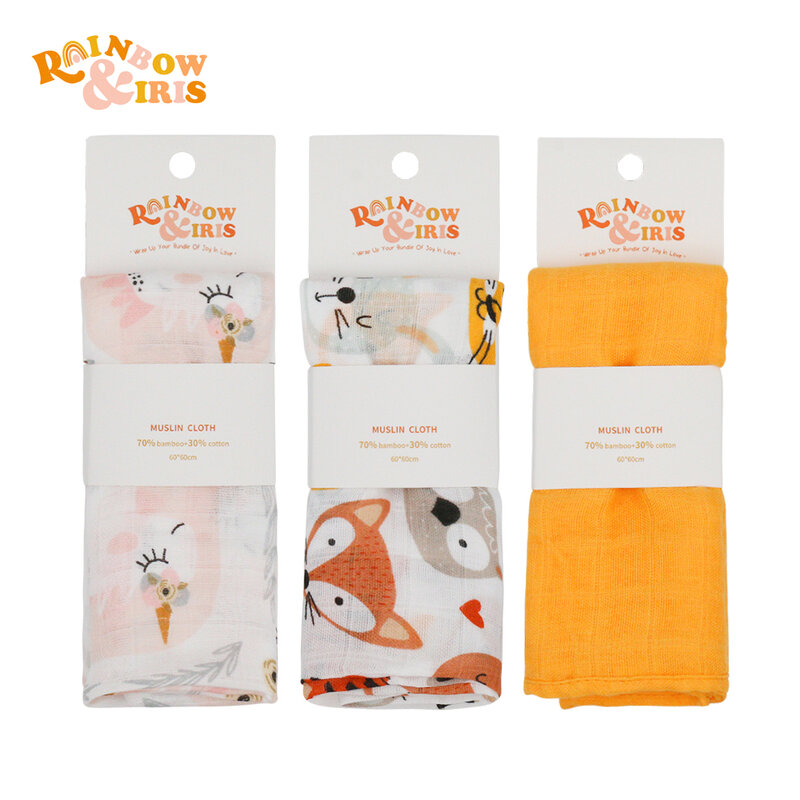 Rainbow&Iris 3PCBamboo Cotton Bibs For Baby Swaddle Wrap Feeding Burp Towel Scarf Bibs 60*60CM
