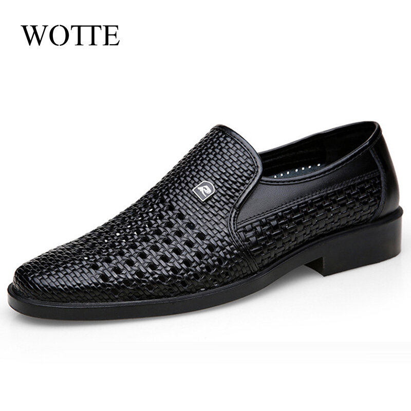 WOTTE Spring Men Loafers Leather Men Shoes Summer Hollow Breathable Oxfords Man Casual Shoes Slip On Formal Dress Shoes For Man