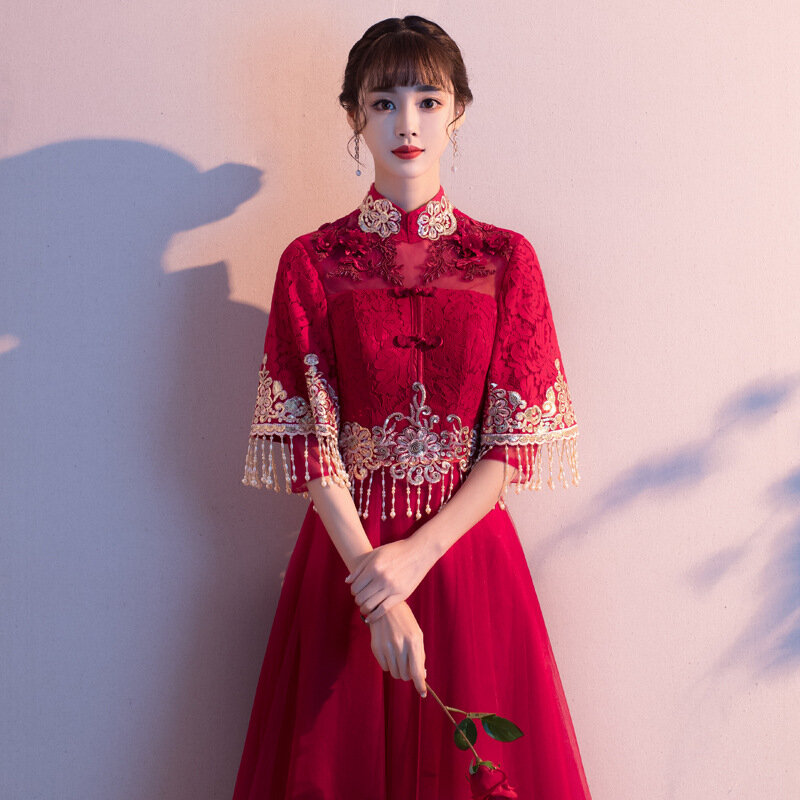 فستان زفاف صيني رسمي ، ثلاثة أرباع ، خصر عالي ، دانتيل ، شبكي ، ياقة قائمة ، تصميم للمرأة الحامل ZL629